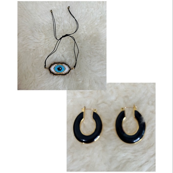 Black Gold Tone Metal Reversible Post Earrings & Evil Eye Adjustable Bracelet - Picture 4 of 11